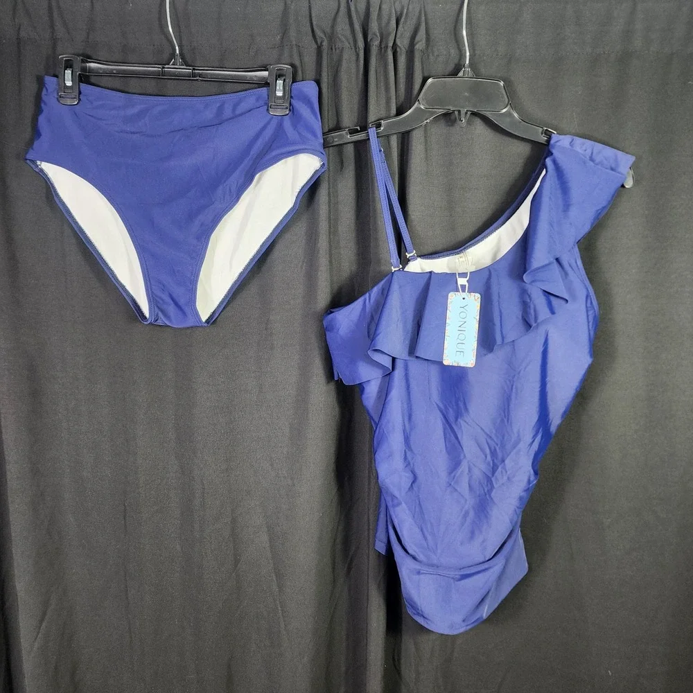 Yonique Womens Royal Blue One Shoulder Ruffle Tankini Set High Waist Size L SWIM